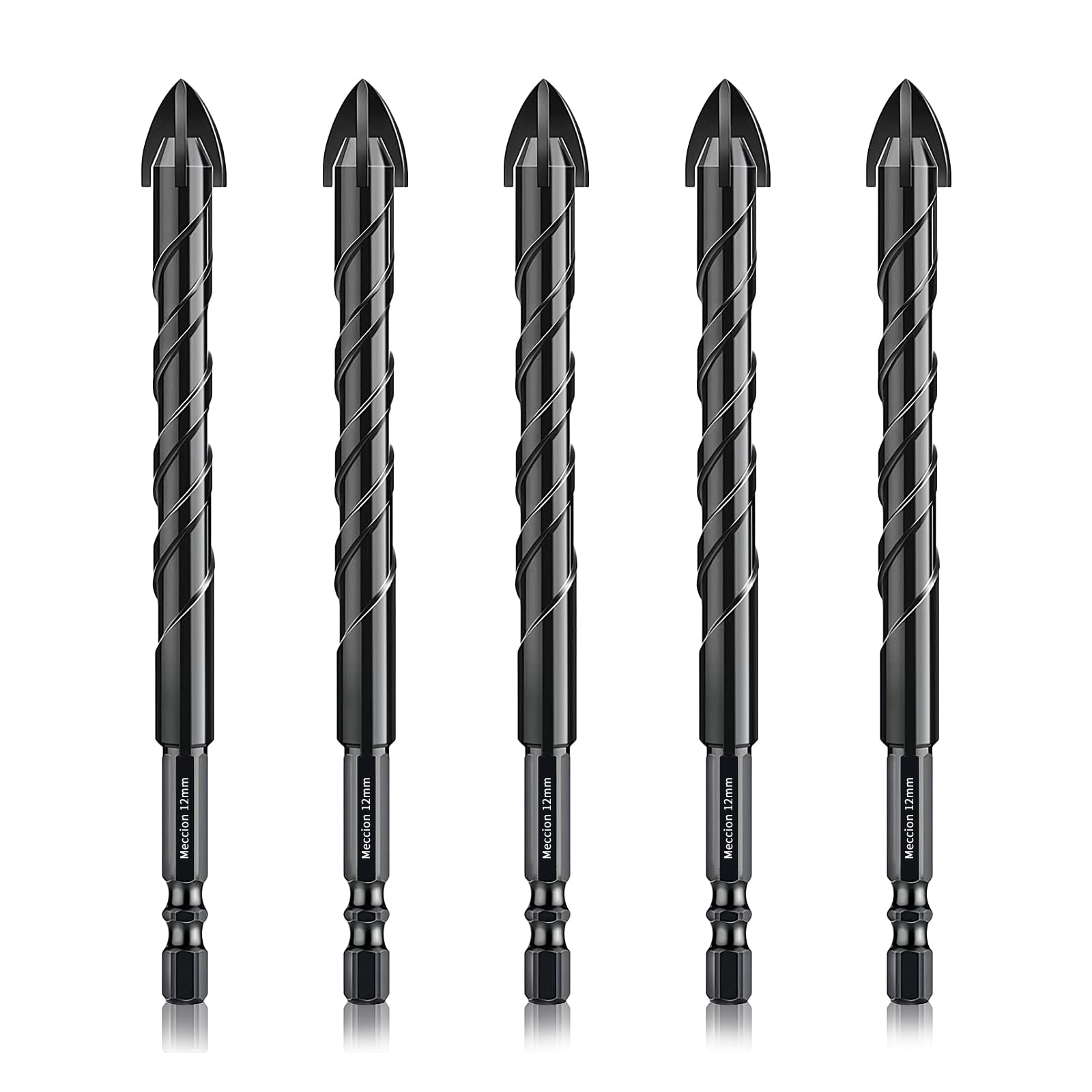 Meccion Tile Drill Bit 12mm x 5Pcs Professional Cross Tungsten Carbide Tip Drill Bits for Tile, Brick, Glass, Porcelain, Plastic, Wood, Cement, Mild Metal — image 1