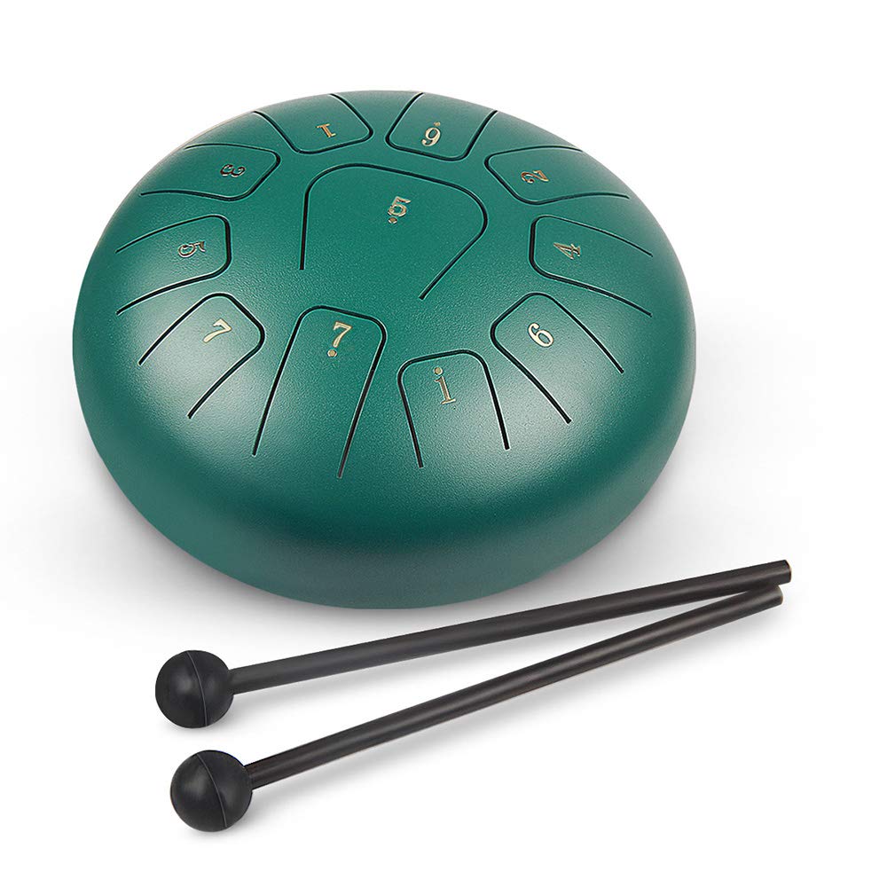 GUNAI 10 Inch Steel Tongue Drum in C Key Hand Drum 11 Tones Percussion Instrument with Drum Mallets, Carry Bag, Note Sticks