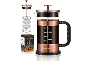 AMFOCUS French Press Coffee Maker, 34oz Glass, Heat-resistant Borosilicate, 4-Level Filters, Portable Cold Brew for Travel, Home Gift (Copper)