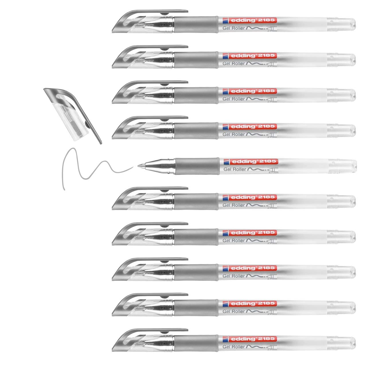 edding 2185 gel roller - silver - box of 10 - 0.7 mm - gel pen for writing, drawing, colouring mandalas, bullet journals - glitter gel pen, silver colour gel pen