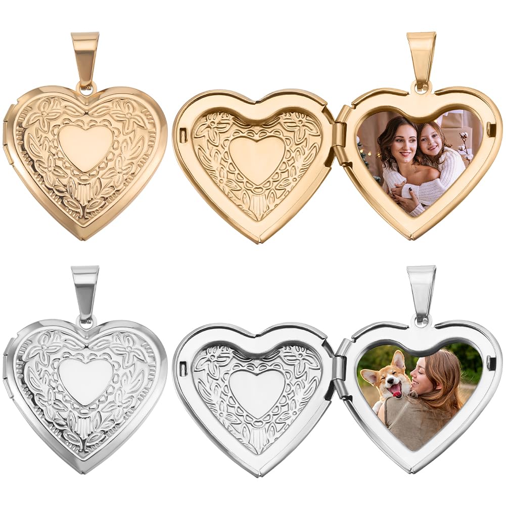 Beebeecraft 1 Box 4Pcs Locket Heart Pendants Charms 18K Gold Plated 316 Stainless Steel Ribbon Heart Photo Frame Charms for Jewelry Making DIY (Gold, Silver)