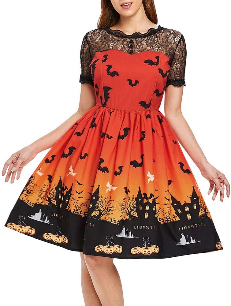HETde Women Dresses, Women Halloween Dresss Women Loose Halloween Party Cobweb Print Yarn Long Sleeves Mini Dresses