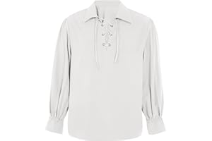 Karlywindow Men's Medieval Pirate Shirts Lace Up Stand Collar Wide Cuff Halloween Costume Shirt Tops