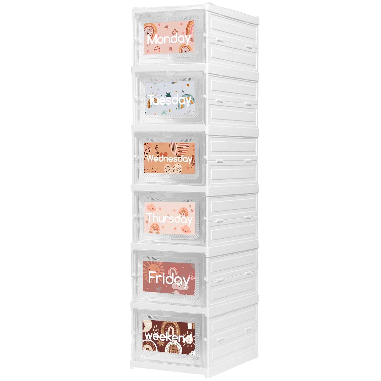 Photo 1 of 6 Shelf Daily Weekly Clothes Organizer for Kids Foldable Weekly Hanging Closet Organizer with Door Plastic Closet Storage for Boys and Girls Monday Through Friday Essential Stuff