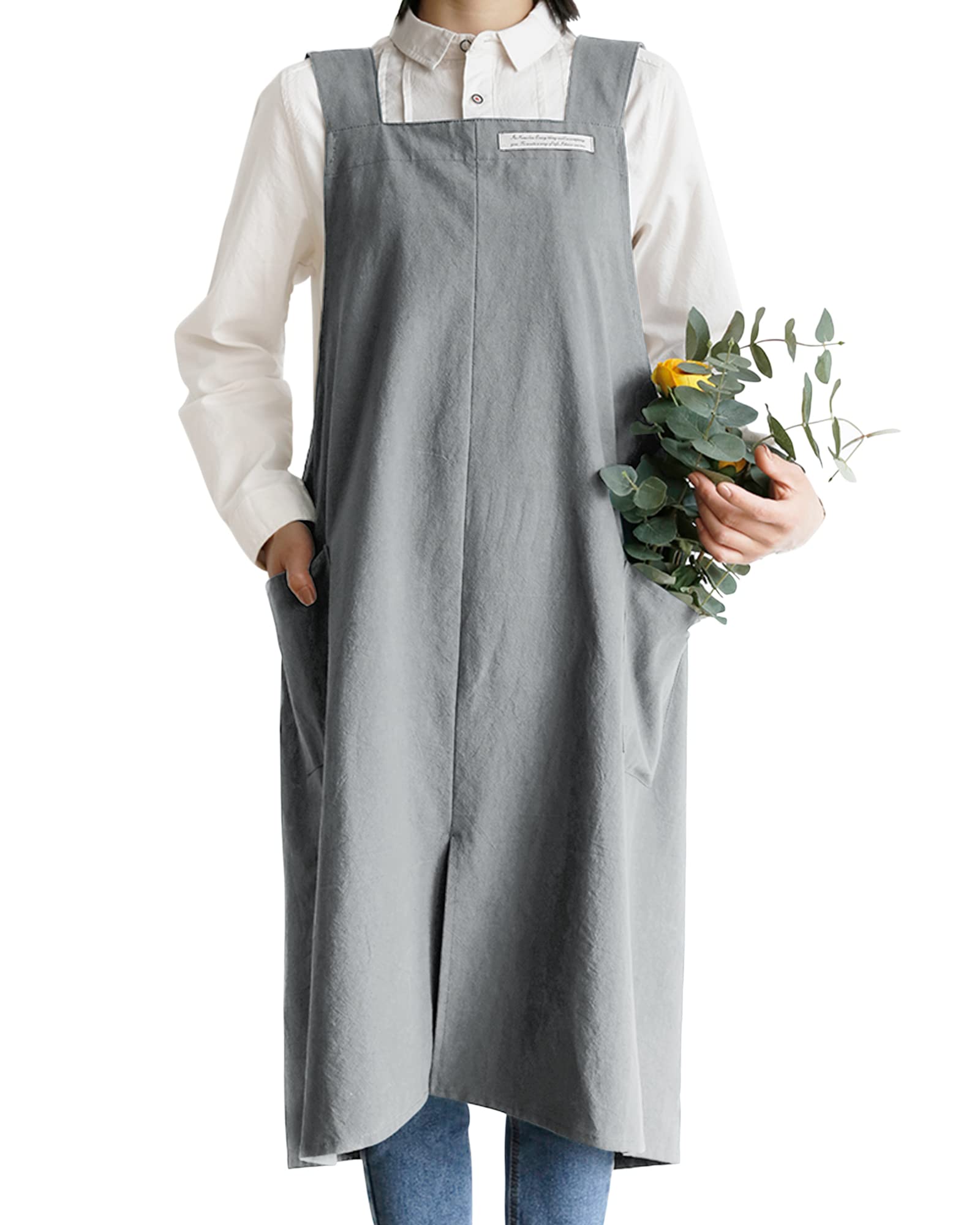 Small snail Apron Cotton Linen Solid Color Japanese Style Cross Bandage Halter Pinafore with Pocket Literature Art Flower Shop Clothing for Women Men Cooking Kitchen Casual Aprons Plus Size Grey