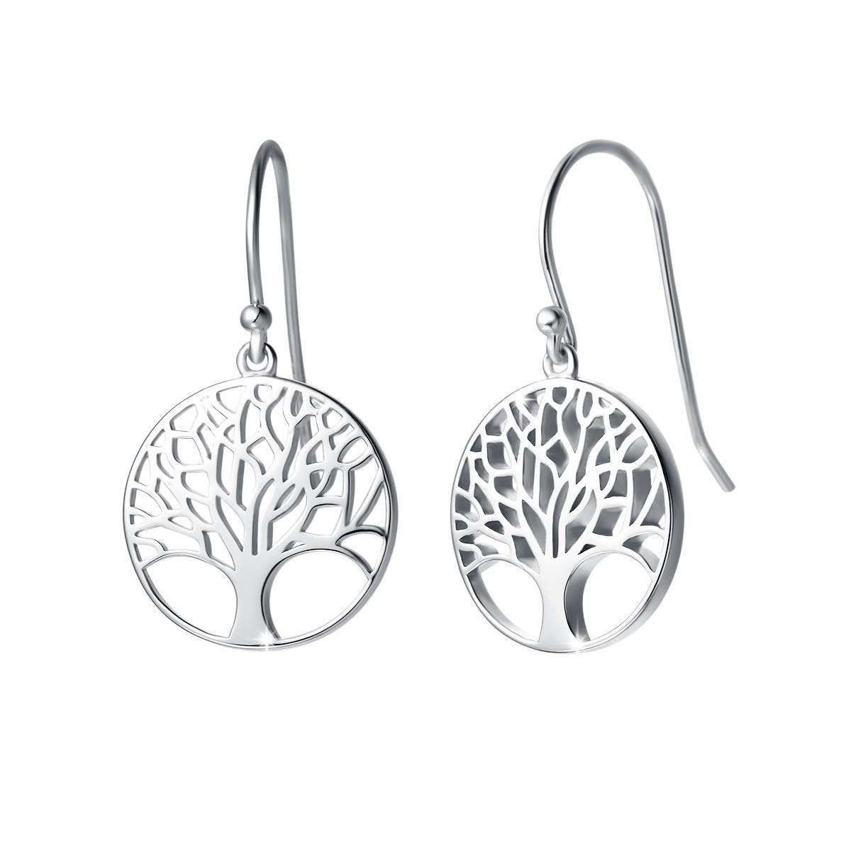 Tree of Life Earrings Pendant Dangle Drop Earrings for Women Teenagers with 925 Sterling Silver - Diameter: 15 mm