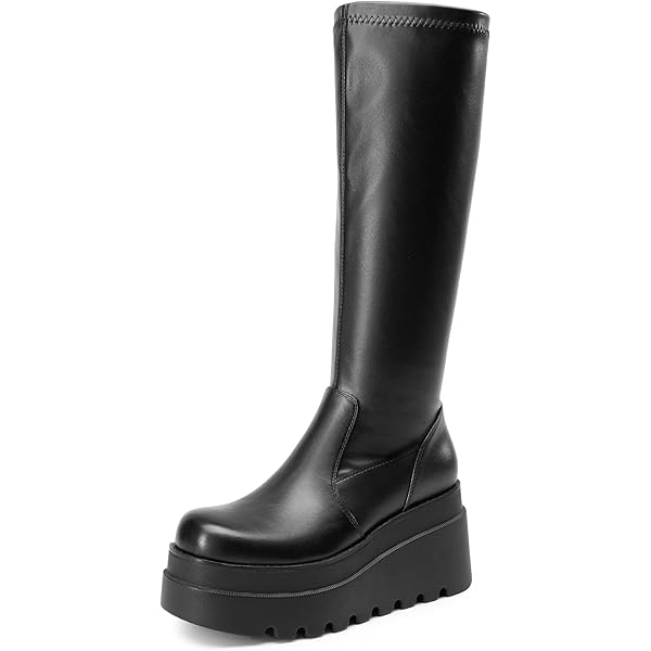 Atsroel Women’s Black Platform Combat Boots – Knee High Chunky Heel Elastic Punk Goth Motorcycle Boots