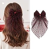 1PCS Valentine's Day Hair Bows Clips Black Big Mesh Ribbon Bow with French Alligator Clips Valentine's Day Red Heart Accessories Bowknots Long Tails Hair Barrettes Clips for Women Holiday