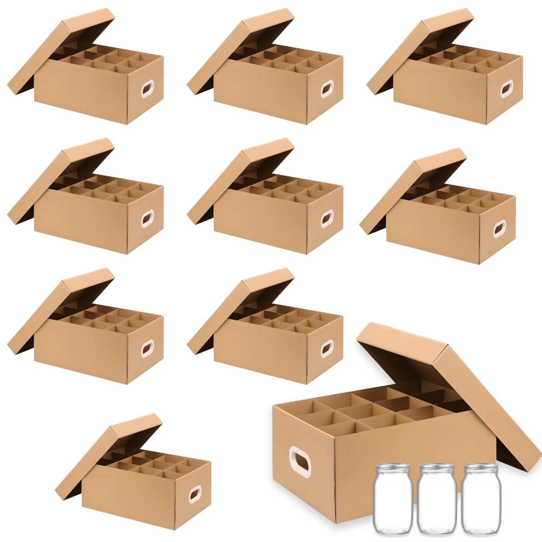 Photo 1 of 10 Pcs Canning Jar Storage Containers Boxes 32 oz – 12 Cells Mason Jar Organizer with Handles, Dividers & Lid – Heavy Duty Cardboard Bag for Glass Jars, Kitchen Organization & Pantry Storage