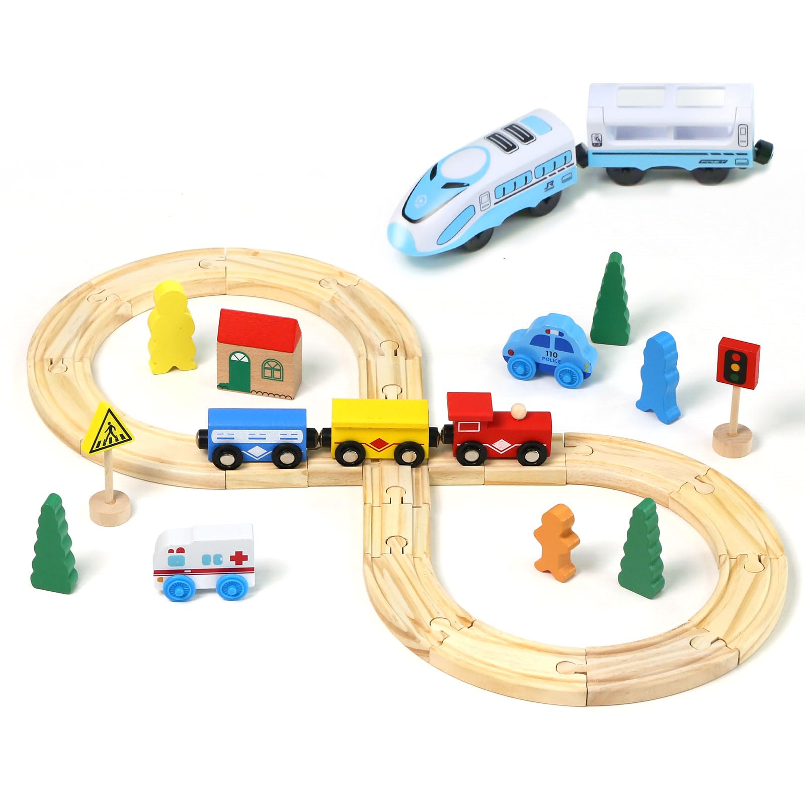 EVERGD 33Pcs Wooden Train Set with Battery Operated Action Electric Train, Expandable & Changeable Wooden Tracks, Learning Educational Toys for Kids Boys Girls Age 3+