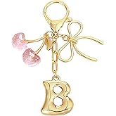 Snycler Bubble Initial Keychain with Bow & Cherry - Gold Letter Bag Charms for Women, Cute Purse Handbag Accessories
