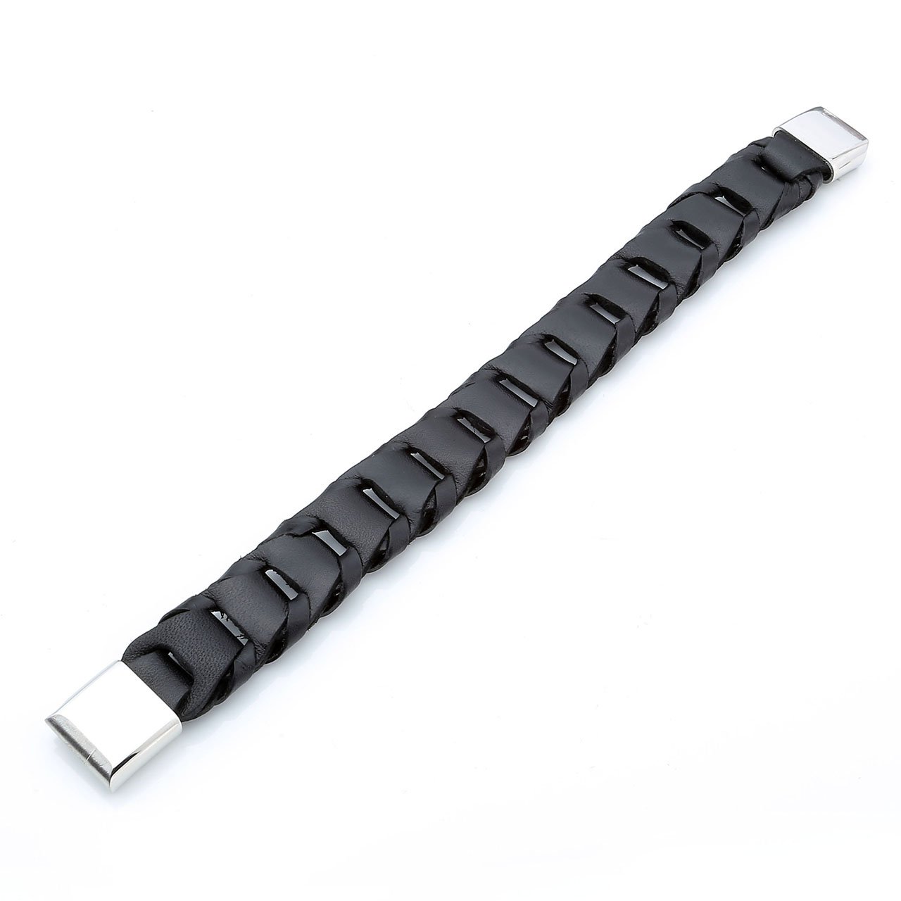 PiercingJ - Bijoux Bracelet Leather Cuir Veritable Large Tresse Coupe Croise avec Fermoir Acier Inoxydable Lien Poignet Manchette Biker Motard Chaine de Main Femme Homme - Noir