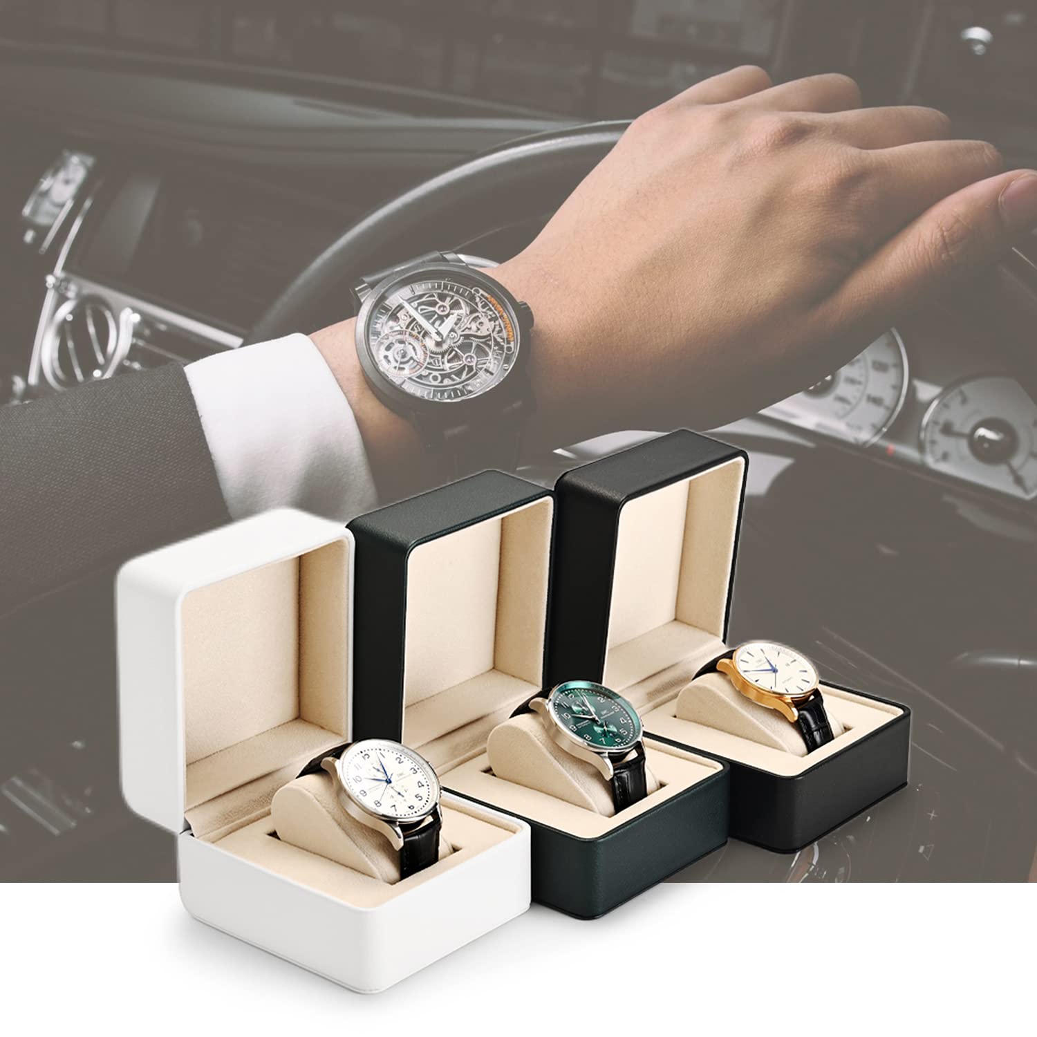 Woodten Green Premium PU Leather Watch Gift Box Single Watch Storage Case with Removable Pillow Wristwatch Box(Green)