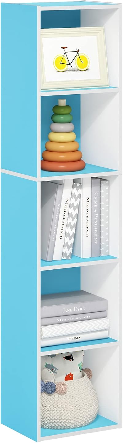 Furinno PASIR 5-Tier Book Shelf Open Shelves 9 x 12 x 52 Light Blue White