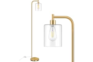 BOSCEOS Industrial Floor Lamp with Hanging Glass Shade Brass Gold Farmhouse Indoor Pole Light with Edison E26 Base Vintage Rustic Standing Tall Lighting for Living Room Bedroom Office(ST64 Bulb Included)