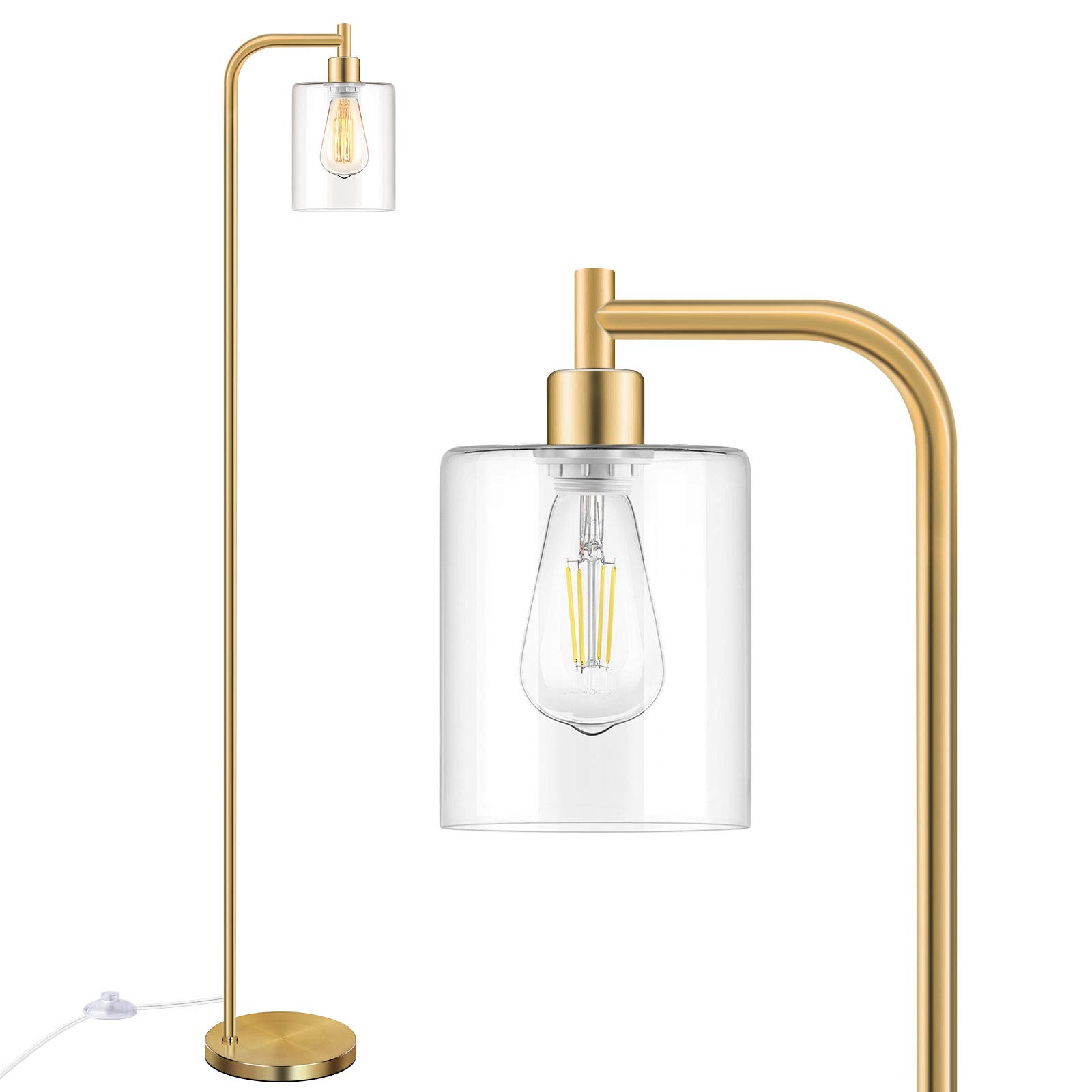 Photo 1 of Industrial Floor Lamp with Hanging Glass Shade Brass Gold Farmhouse Indoor Pole Light with Edison E26 Base Vintage Rustic Standing Tall Lighting for Living Room Bedroom Office(ST64 Bulb Included)