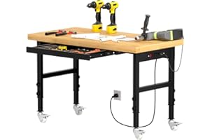 Pelnuies Solid Wood 48" Work Bench with Drawers, Adjustable Height Workbench with Wheels, Heavy-Duty Work Table with Power Outlets, 2000 LBS Capacity Workstation for Garage, Workshop(48" X 24")