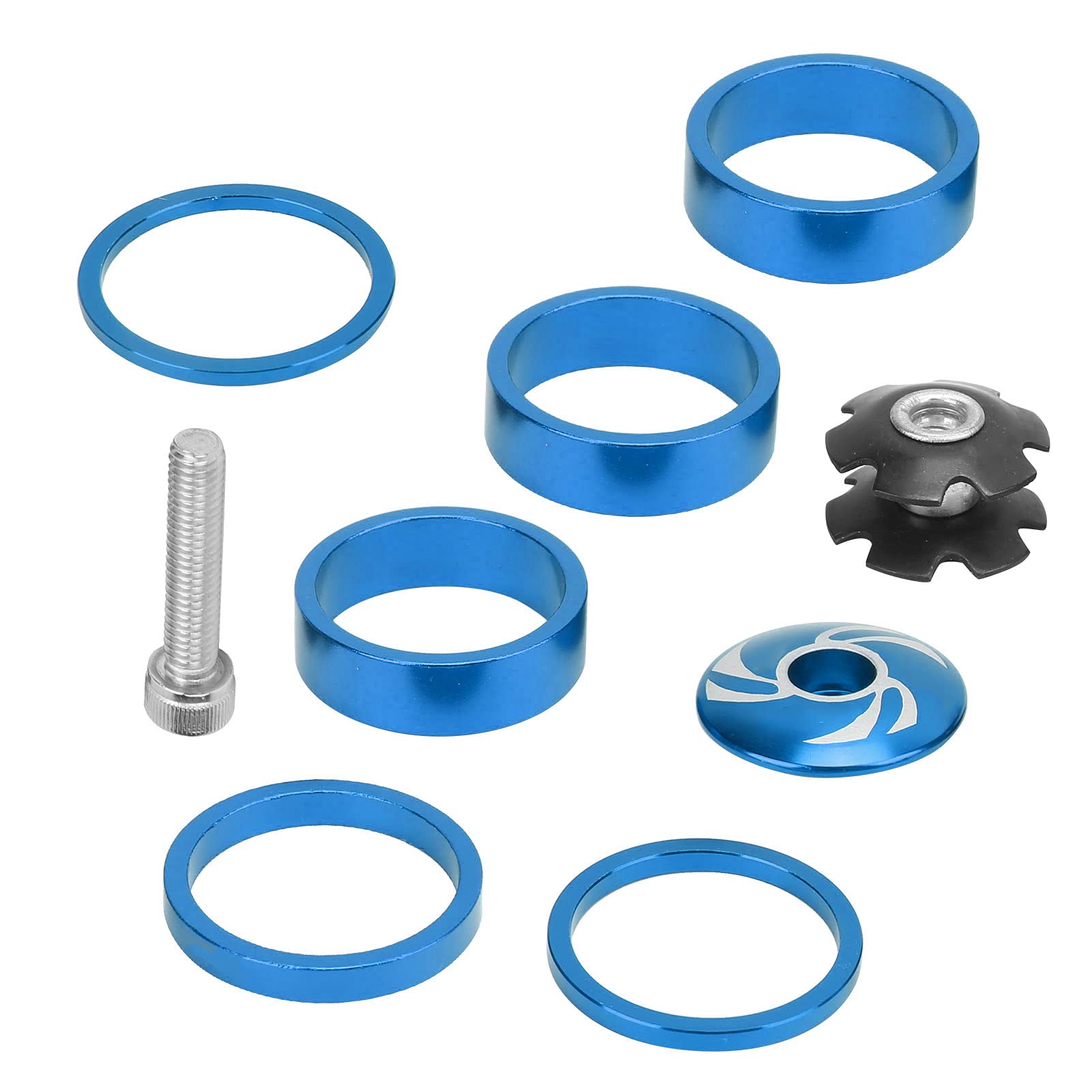 Bnineteenteam 6Pcs Bike Headset Spacer, Aluminium Alloy Bicycle Front Fork Handlebar Stem Spacers with Stem Top Cap, Long Bolt, Headset Star Nut for Mountain Bike Headset Stem(Blue)