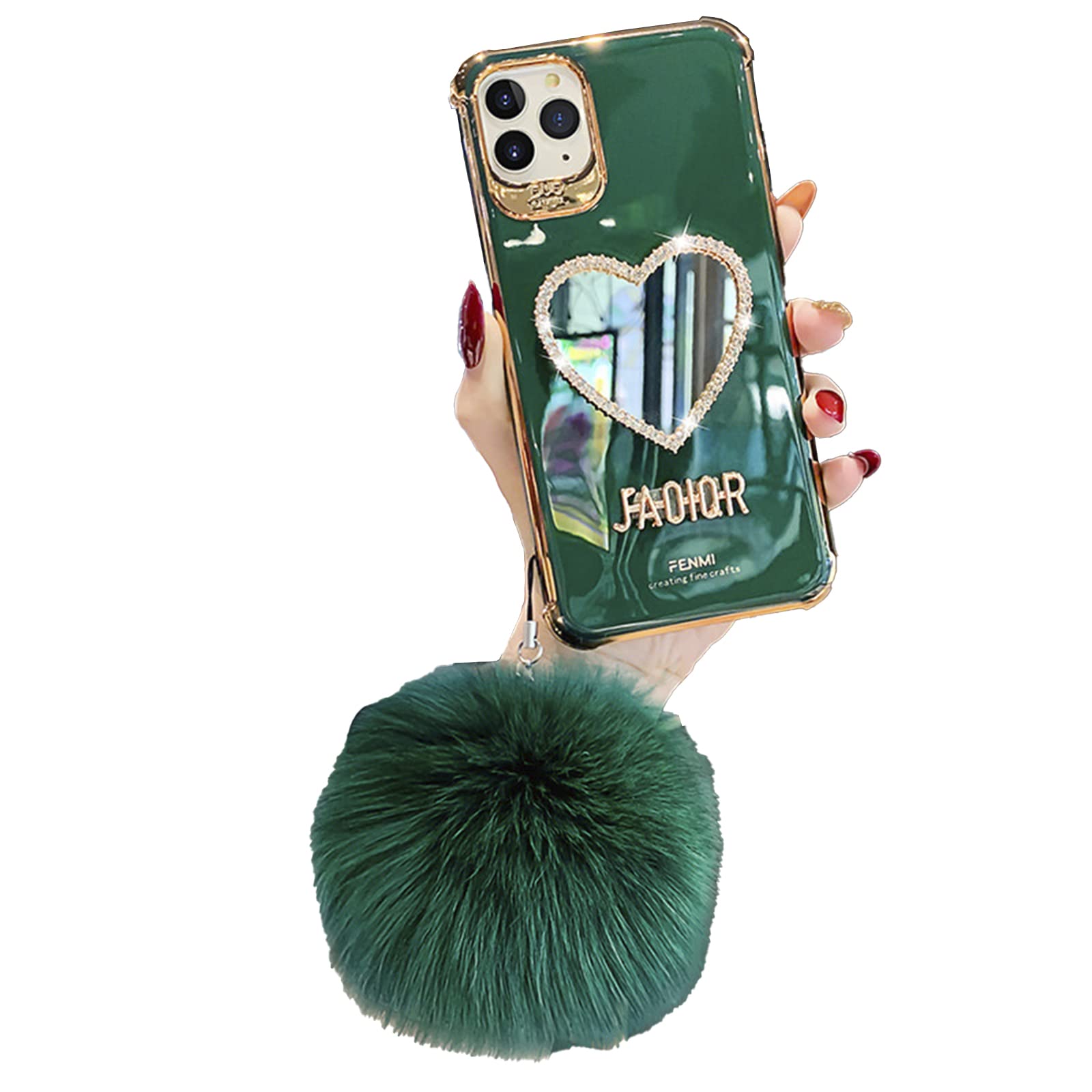 Anloes for Makeup Mirror Phone Case Luxurious Bling Heart-Shaped Frame Hairball Case, Girly Cute Bling Shining Protective Case for iPhone (iPhone 13 pro, Dark Green)