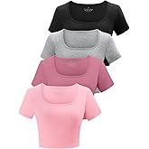 Kole Meego Square Neck Crop Tops for Women Workout Tops Trendy Going Out Tops Gym Summer Shirts 4 Pack