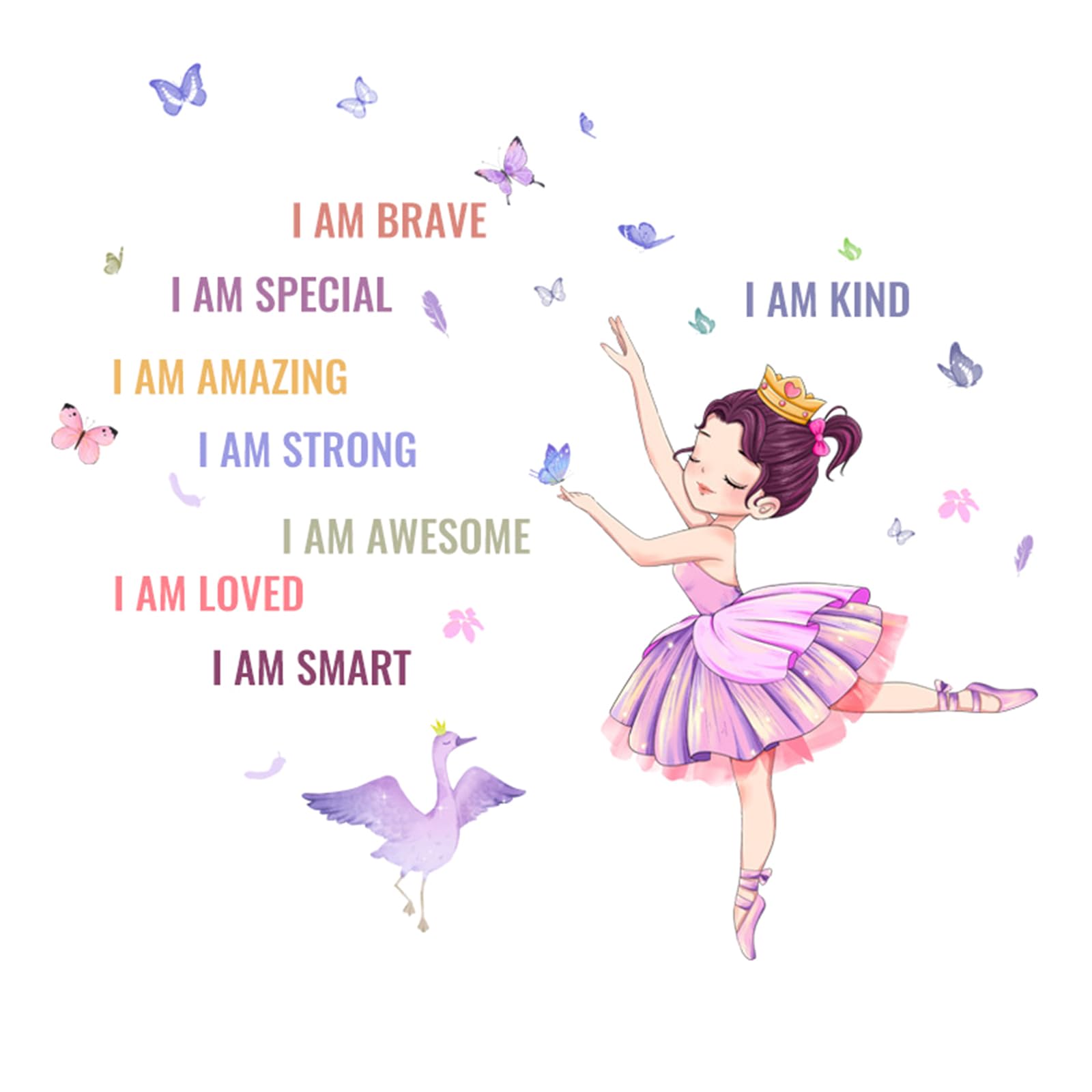 Butterfly Fairy Wall Stickers, Ballet Girls Wall Stickers Wall Decals for Girls Bedroom Nursery, Removable Vinyl Wall Art Stickers with Princess Swan Self-Motivational Words