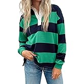 Women Y2k Rugby Shirt Striped Print Long Sleeve Lapel V Neck Button Loose Fit Polo Top Casual Color Block Sweatshirt