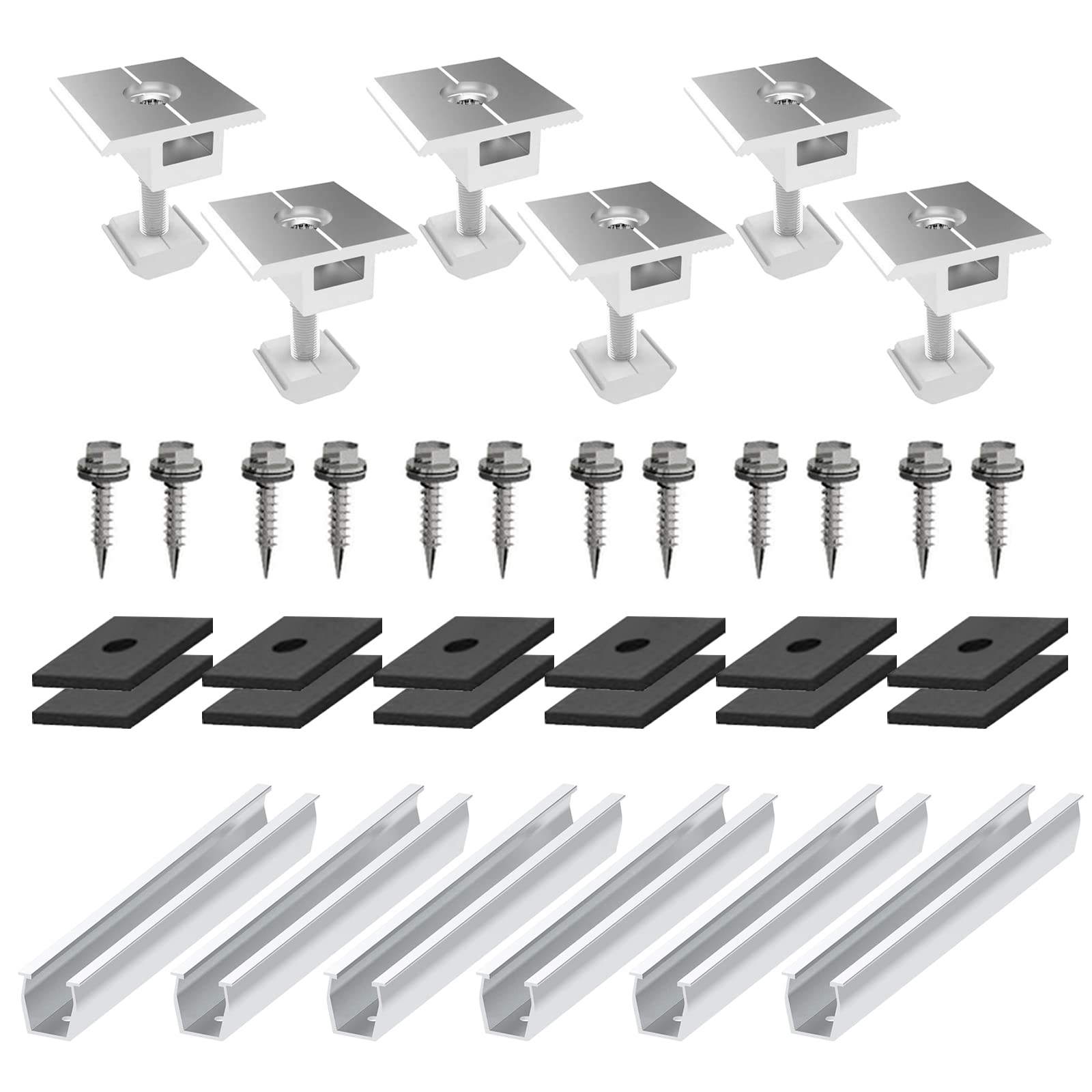 Photo 1 of Solar Panel Roof Bracket Aluminium Solar Panel Mounting Rails Roof Rail Clamps PV Solar Mounting Rail Connector Installation Kit for Tin Roof, Flat Roof, Sheet Roof (6 x 200mm Rail + 6 x 30mm Clamp)
