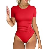 OQQ Women's Crew Neck Short Sleeve Bodysuit Ruched Stretch Vacation Basic for Tops Spring & Summer
