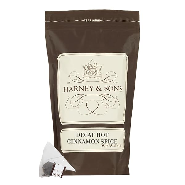 HARNEY & SONS DECAFFEINATED HOT CINNAMON – CEYLON BLACK TEA WITH THREE TYPES OF CINNAMON, ORANGE PEEL AND SWEET CLOVES – 50 COUNT SACHET BAG