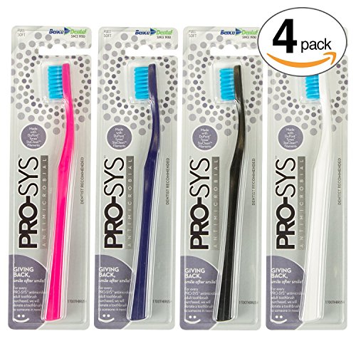 PRO-SYS Adult Antibacterial Soft Toothbrush - Made with Soft DuPont Tynex Bristles - Prevents the Growth of Bacteria with Silver and Zinc Technology (Colorful 4-Pack)