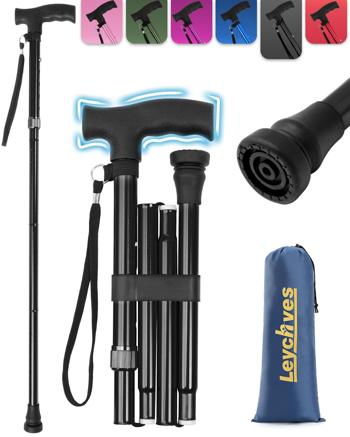 Walking Stick for Women, Adjustable Folding Walking Sticks for 5.2FT-6.1FT Ladies, 5-Section Different Size Collapsible Cane for Elderly