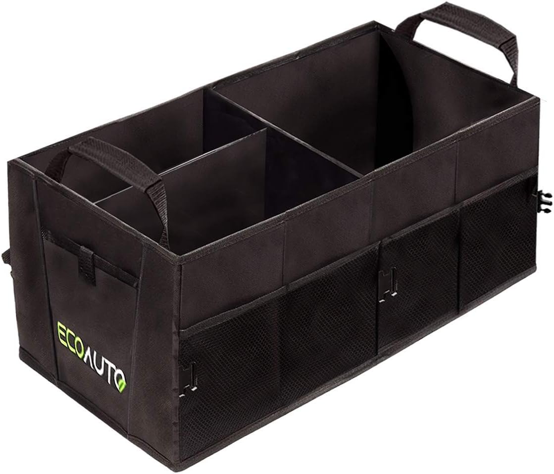 EcoAuto Car Trunk Organizer for SUV, Truck, Minivan & Auto – Foldable & Collapsible Cargo Trunk Storage Box with Straps, Compartments & Multiple Pockets – Space Saving Backseat Storage Basket