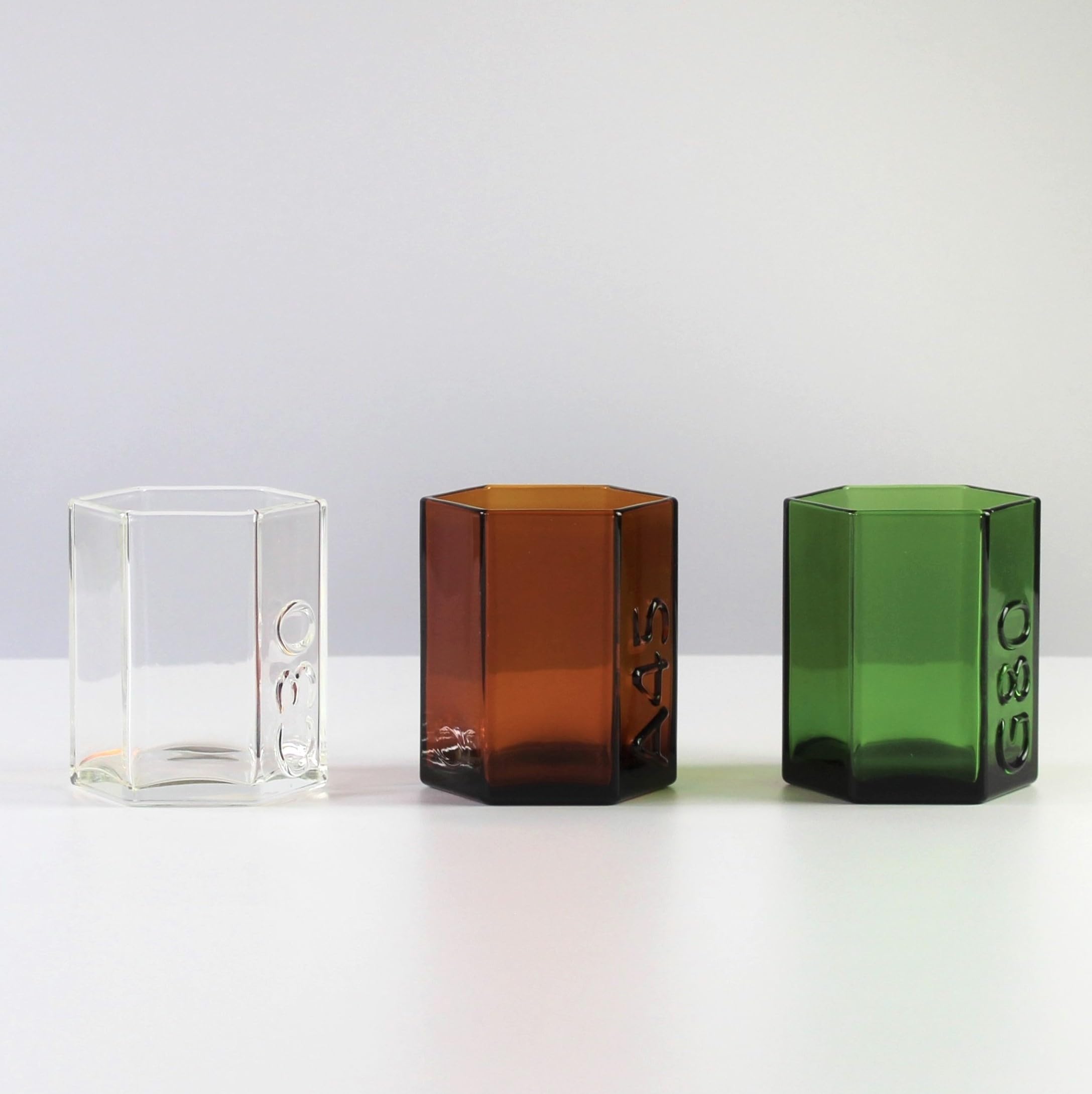 BU Products Recycled Glass Pen Pots – Set of 3 Coloured Hexagon Desk Tidies | Sustainable Storage for Stationery, Makeup Brushes, or Succulents | H8.5 x W8 x D7cm