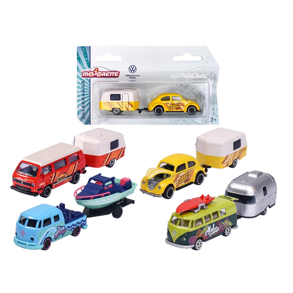 Majorette Volkswagen The Originals Trailers with Metal Parts, Scale 1:64, Officially Licensed VW, You will receive 1 of 4 Models Vehicles + VW Trailers (Randomly Sent)(3467452065464)