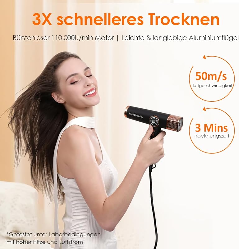 Föhn 110000 RPM Schnelltrockner –330 g leicht,Schwarzes Gold