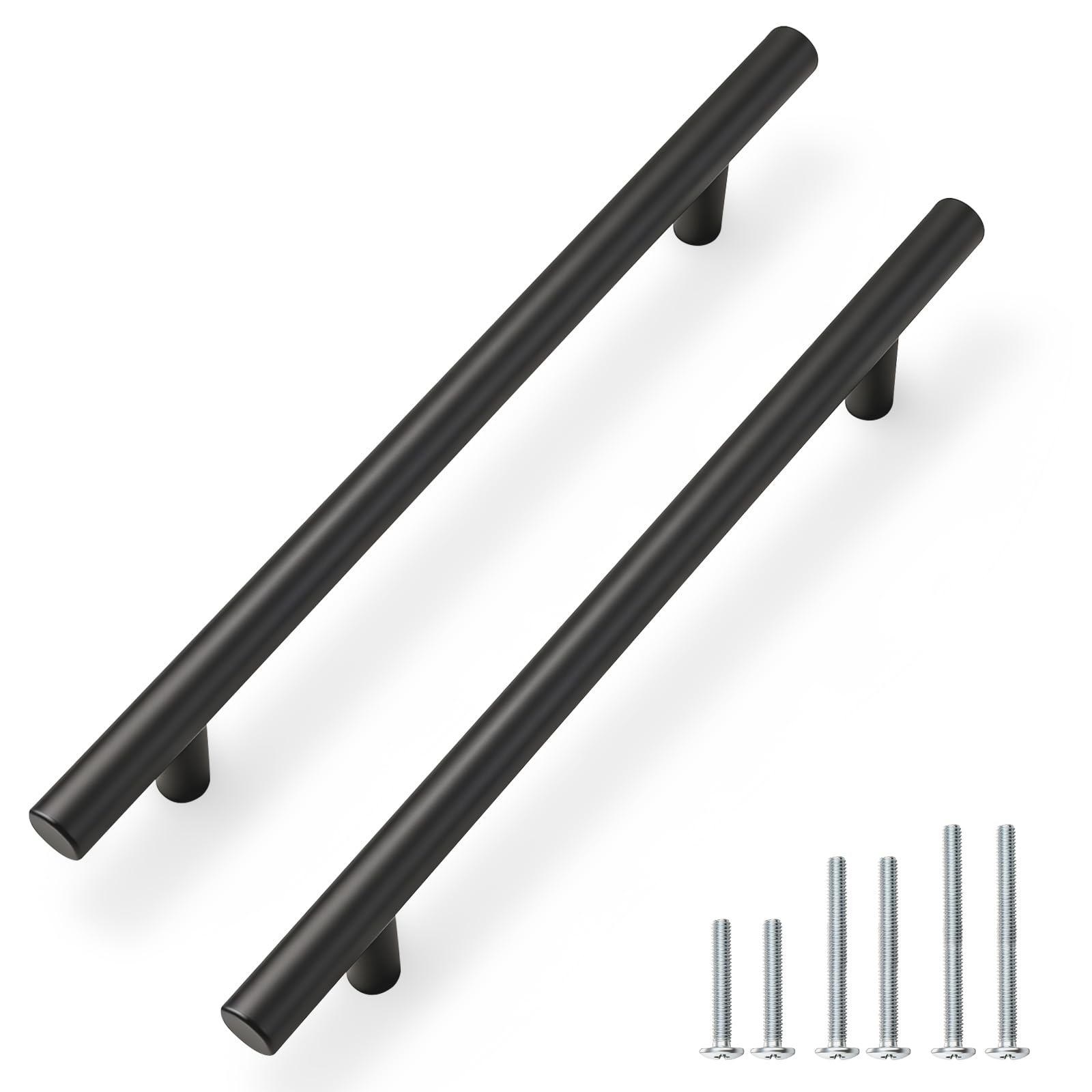 PinLin 10 Pack Kitchen Door Handles 160mm Hole Centre Flat Black Cabinet Handles Stainless Steel Cupboard T Bar Handle (Screws Included)