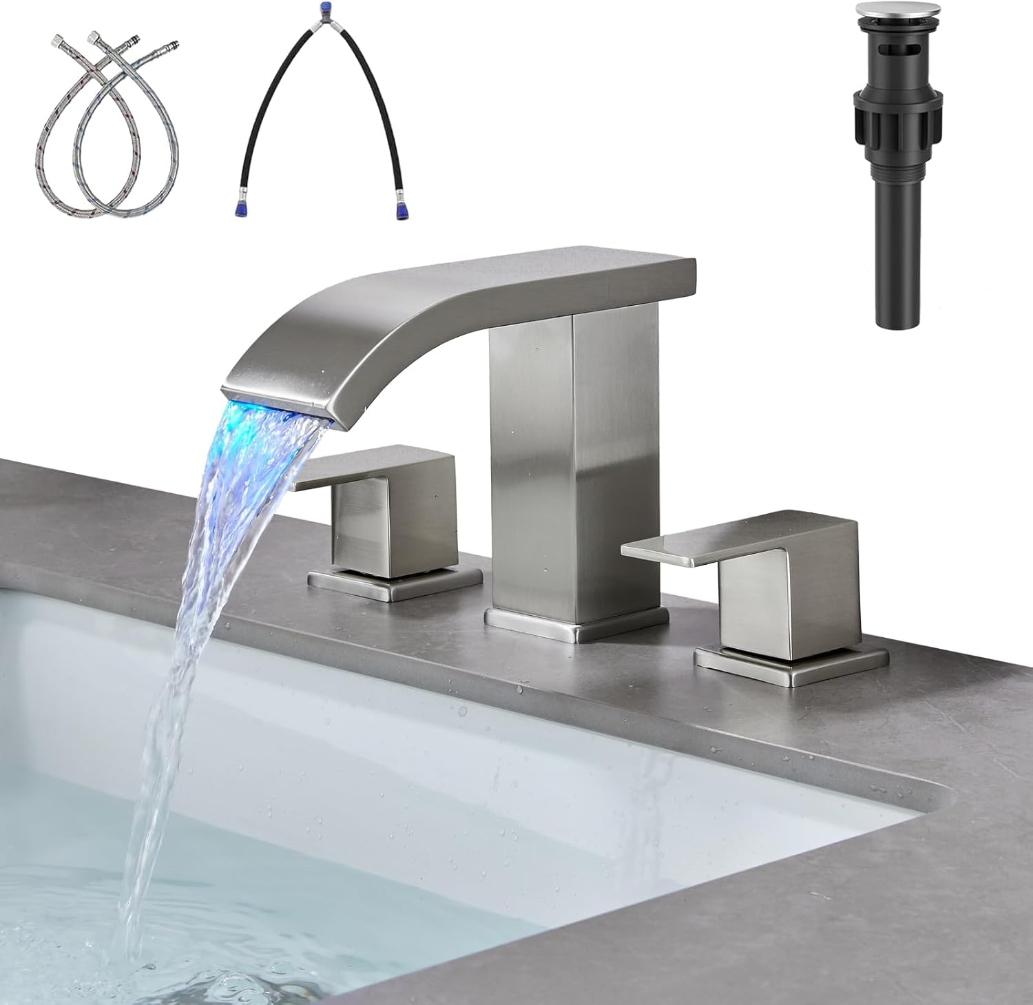 Photo 1 of **MAJOR DAMAGE**
Kyatinsal LED Light Widespread Bathroom Faucets for Sink 3 Hole Waterfall -Bathroom Faucet with Pop-up Drain Assembly, 8 Inch Bathroom Sink Faucet 2-Handles,Modern Lavatory Vanity Faucet