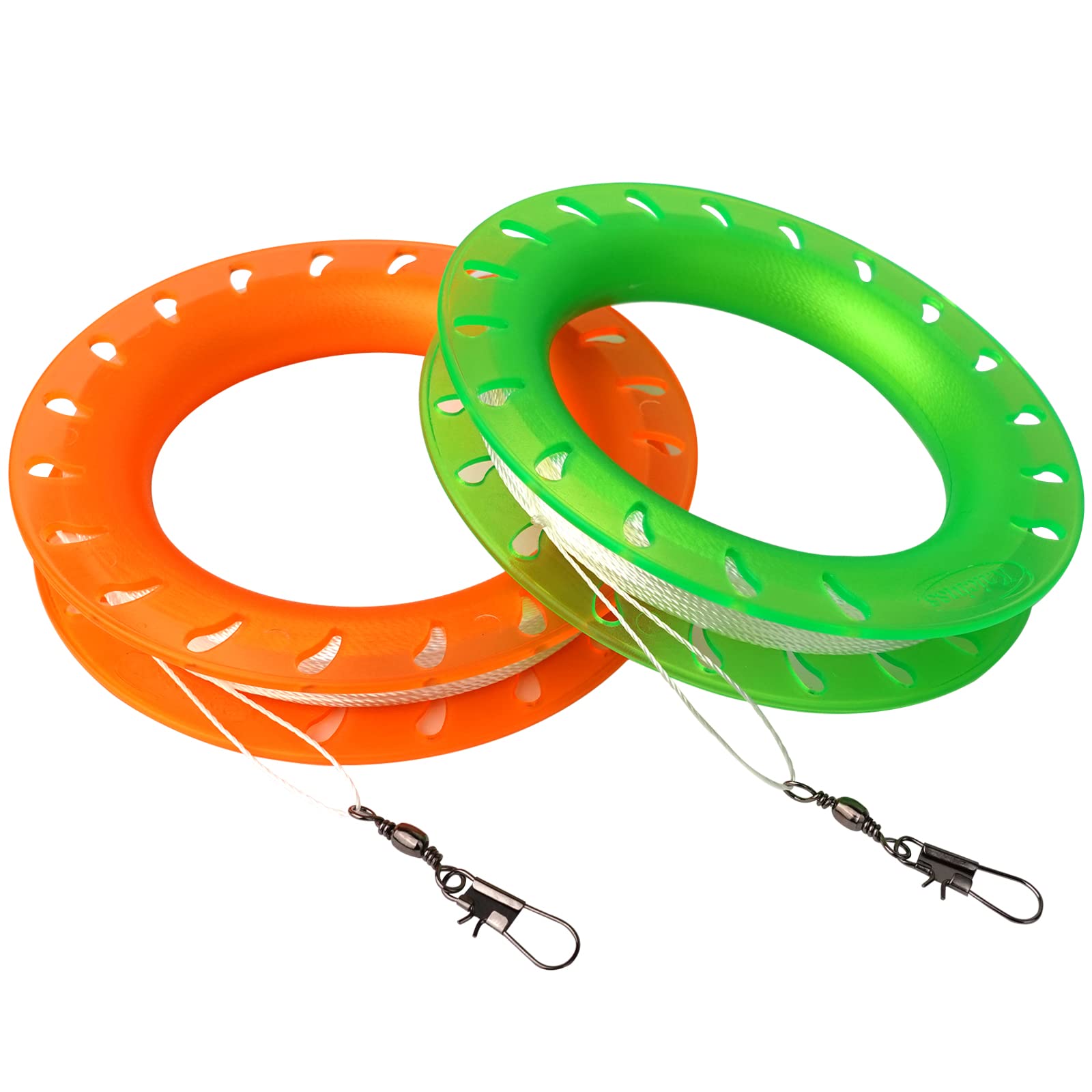 Kaiciuss Kite String Hoop for Kids, Orange & Green Kite Spool Set, String Reel Handle with 300 Feet Line for Each Reel Winder (2 Pack)