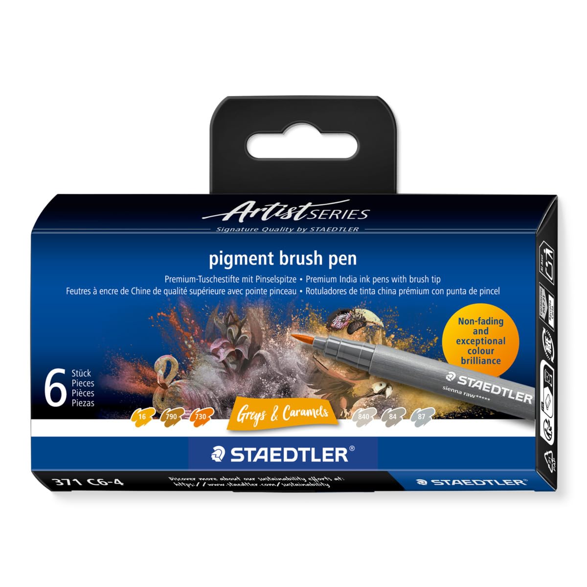 STAEDTLER 371 C6-4 Pigment Arts Brush Pen - Assorted Grey & Caramel Colours (Pack of 6)