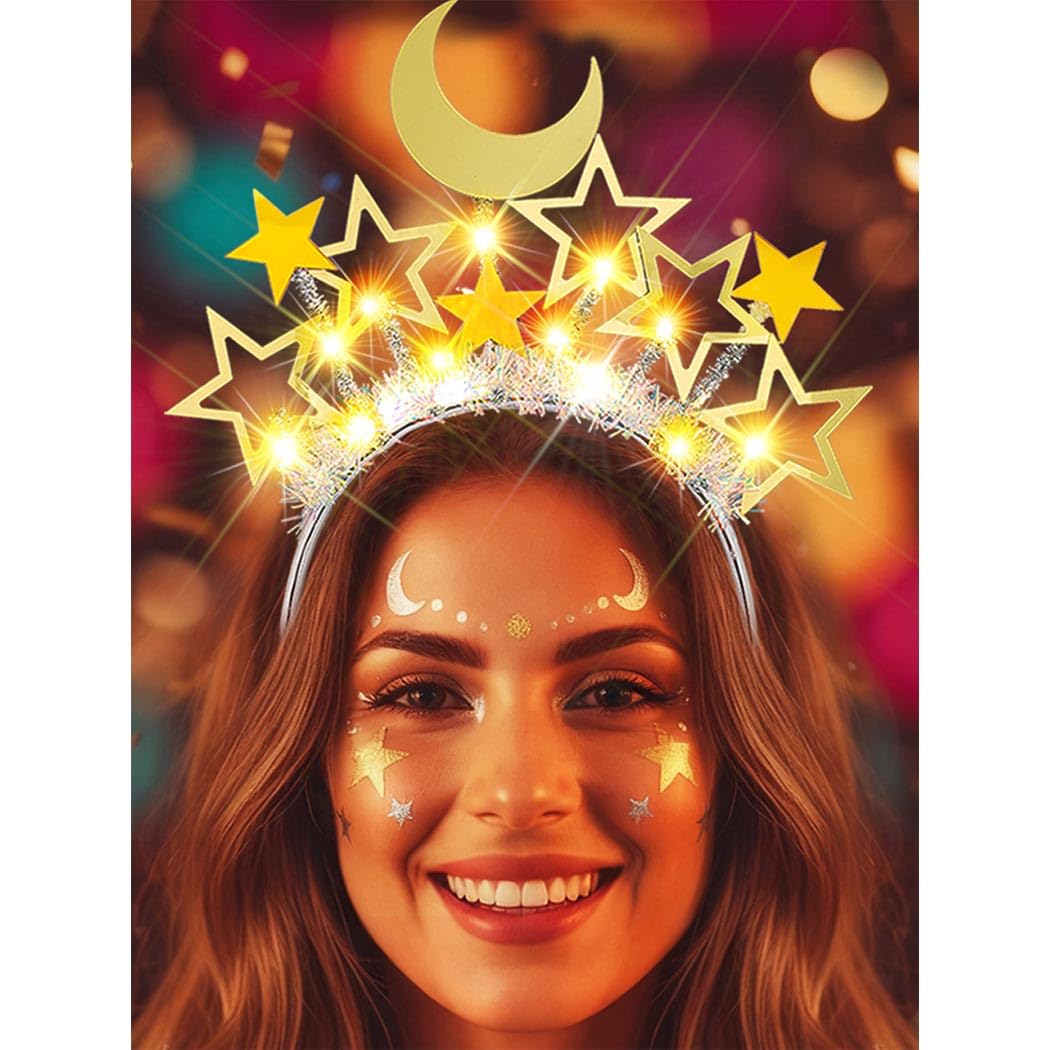 Zoestar Star Moon Light Up Headband Gold Stars LED Crown Headbands Glowing Rave Hair Accessories for Women