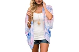 Chunoy Women Floral Print Lightweight Chiffon Kimono Cardigan Short Sleeve Loose Beach Wear Cover Up Blouse Top