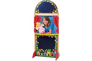 Constructive Playthings Kid-Sized Hardwood Puppet Theater, Includes Chalkboard, Curtain and Backdrop, Durable Constructive, Perform with Toddler Toys or Puppets, All Ages