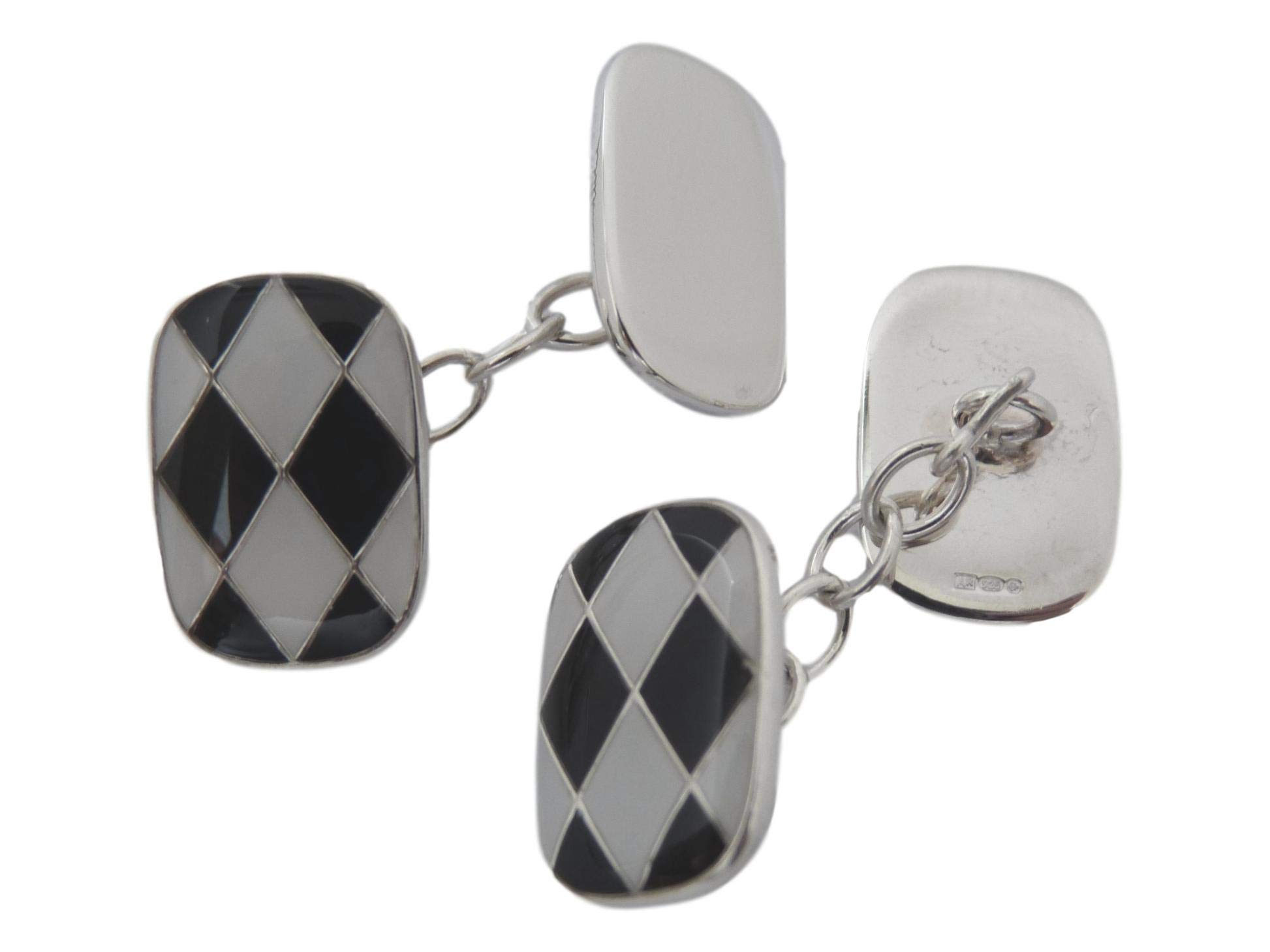 Merritt Robinson CATORS - Sterling Silver Cufflinks - Enamel Black and White Harlequin Design