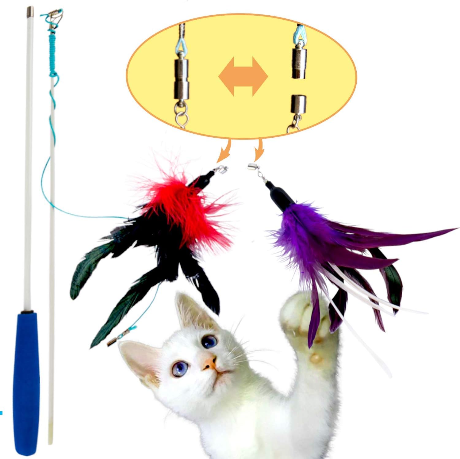 Playhunter Interactive Cat Wand Feather Toy with Tug Attachment for Play, Exercise, and Enrichment, Natural Teaser for Kittens, Flexible Chase and Includes Refill