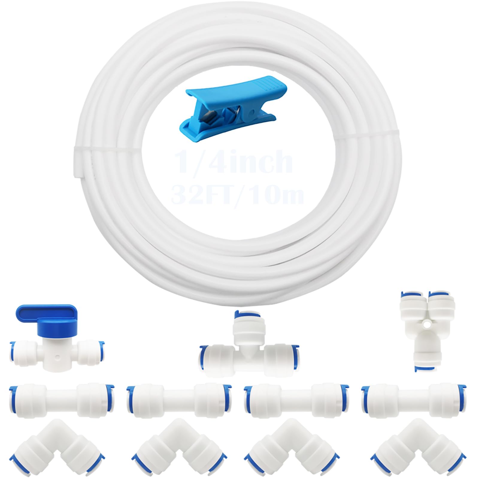 CESFONJER RO Water Filter Fitting, 1/4" Pushfit Straight Connector for Water Pipe (Y+T+I+L Type Combo + Shut-Off Valve), 10 Metres of 1/4" / 6.3mm Diameter Tube