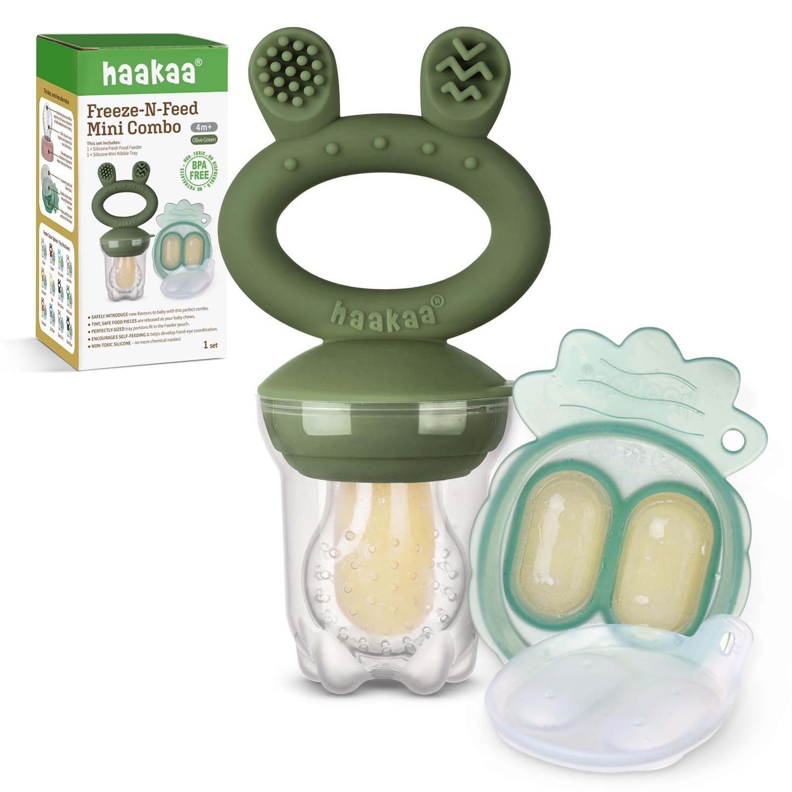 Photo 1 of Haakaa Baby Fruit Food Feeder & Mini Freezer Nibble Tray Combo, Breastmilk Popsicle Molds for Baby Cooling Relief, BPA Free Silicone Feeder for Safe Infant Self Feeding, 4 Month+(Olive Green)