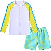 Boys Two Piece Swim Set Zipper Rash Guard Swimsuits Long Sleeve Bathing Suit for 4-12 Years