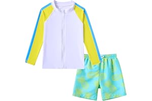 SUNFOCUS Boys Two Piece Swim Set Zipper Rash Guard Swimsuits Long Sleeve Bathing Suit for 4-12 Years