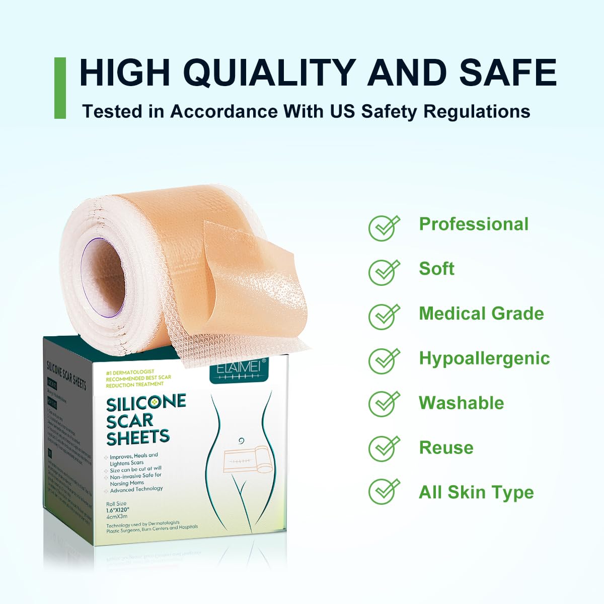 Silicone Scar Sheets (1.6” x 120” Roll-3M), Silicone Scar Tape Roll, Scar Silicone Strips, Reusable, Professional Scar Removal Sheets for C-Section, Surgery, Burn, Keloid, Acne et