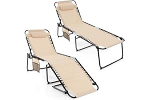 GYMAX Lounge Chairs for Outside, Extra High Folding Beach Tanning Lounger with Adjustable Backrest, Footrest & Removable Pillow, Sunbathing Lounge for Patio, Poolside (2, Sand with Pocket)